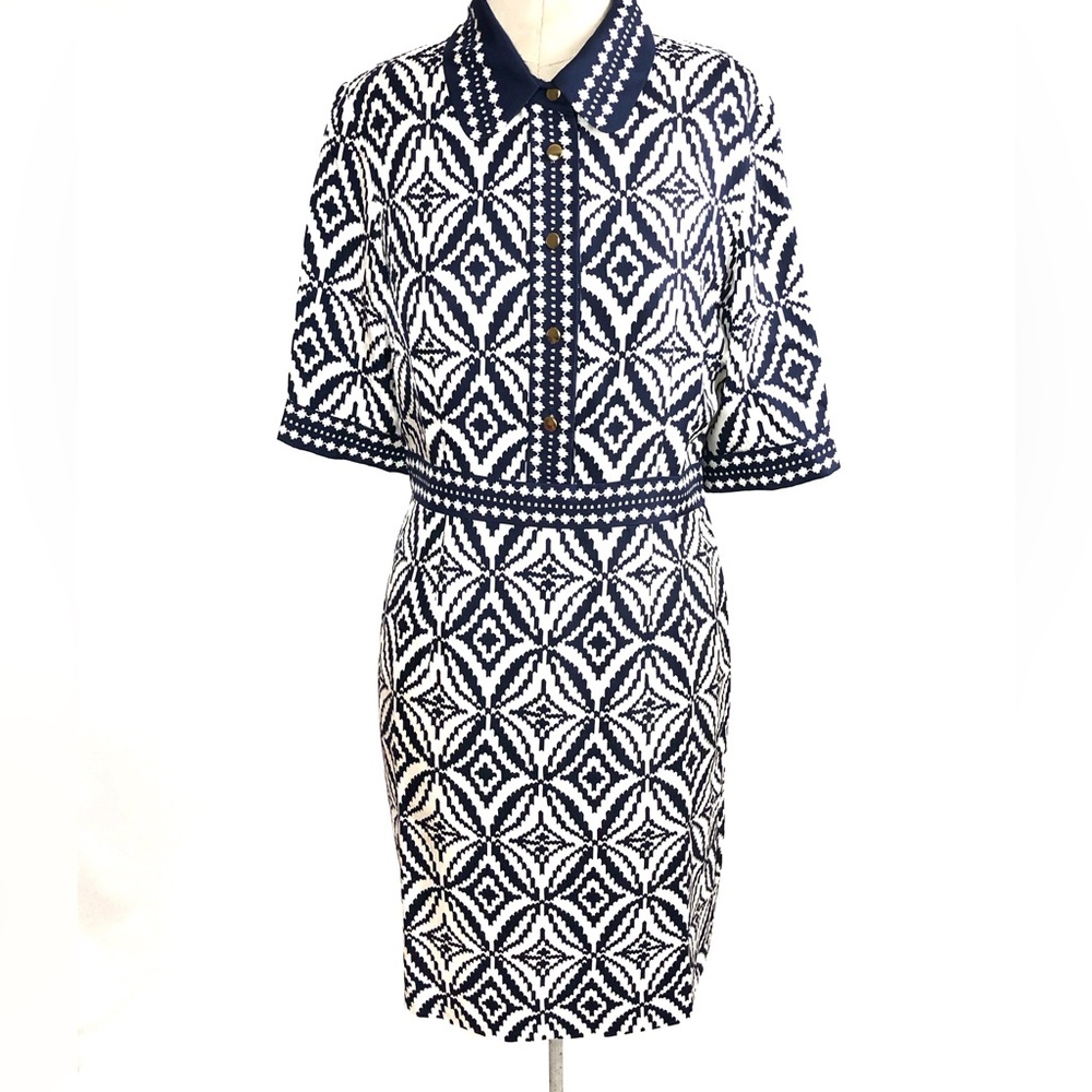 Milly Navy and White Geometric Knit Shirt Dress